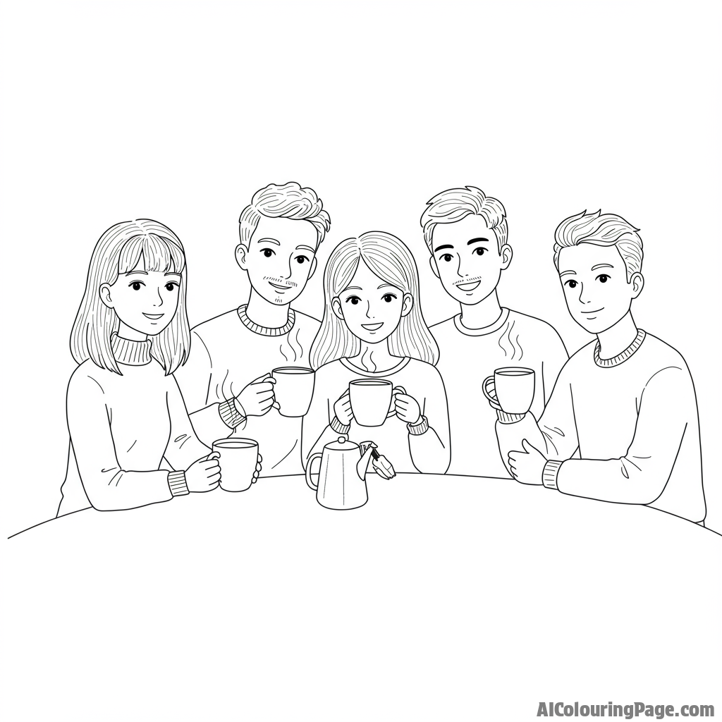 A group of friends sharing secrets and smiles over steaming mugs in a cozy cafe.