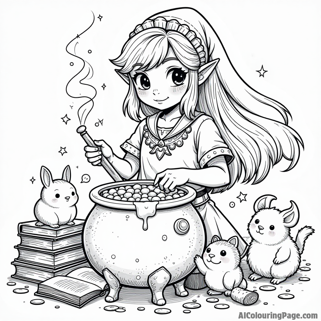 Zelda crafting a potion in a bubbling cauldron with colorful ingredients, surrounded by magical books and curious critters