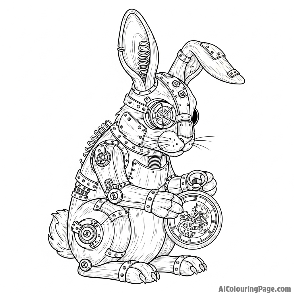 An intricate steampunk bunny with exposed gears and brass fittings, holding a pocket watch.