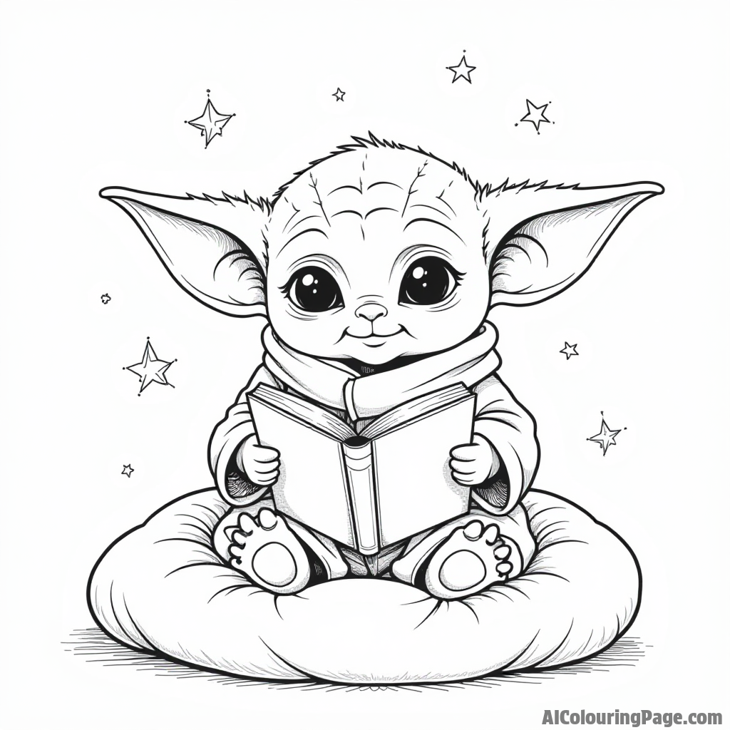 Baby Yoda reading a book while sitting on a comfy pillow with stars twinkling above