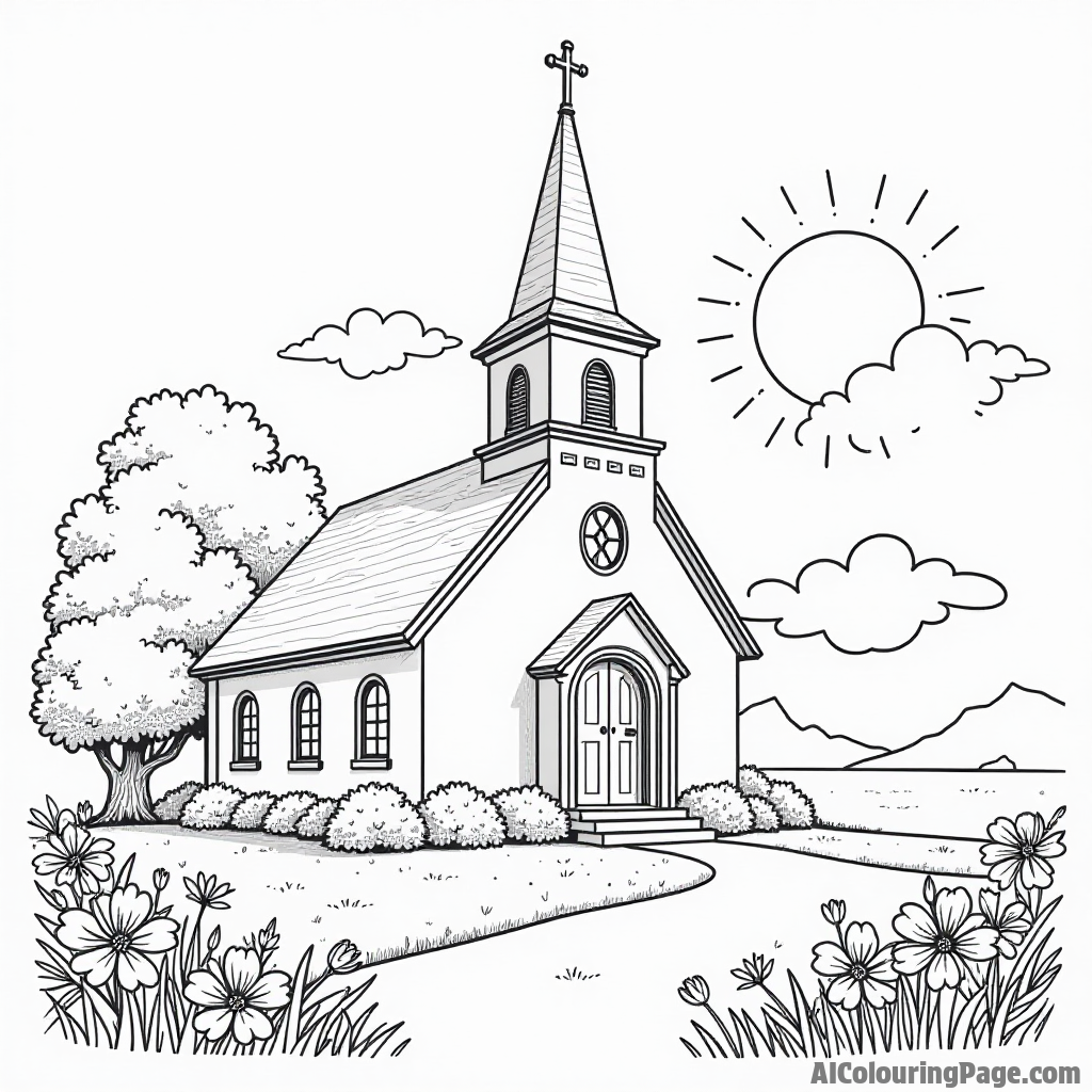 A peaceful church scene with a tall steeple, blooming flowers in front, and a bright sun in the background.