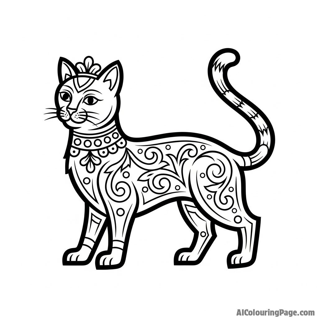 A cat drawn in the style of a medieval illuminated manuscript.