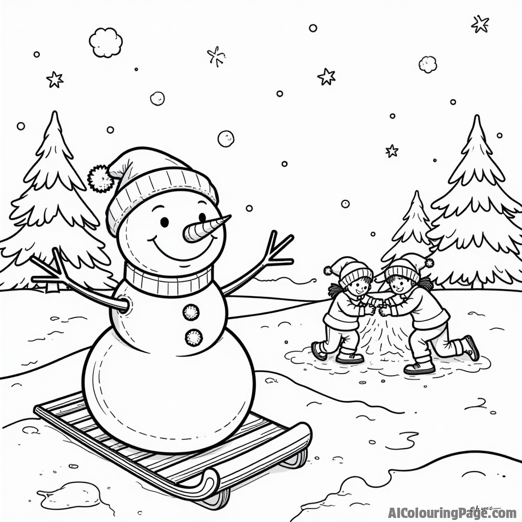 A snow-covered landscape featuring a cheerful snowman making snow angels, with a colorful sled in the foreground and playful kids building a snow fort nearby for a fun coloring activity.