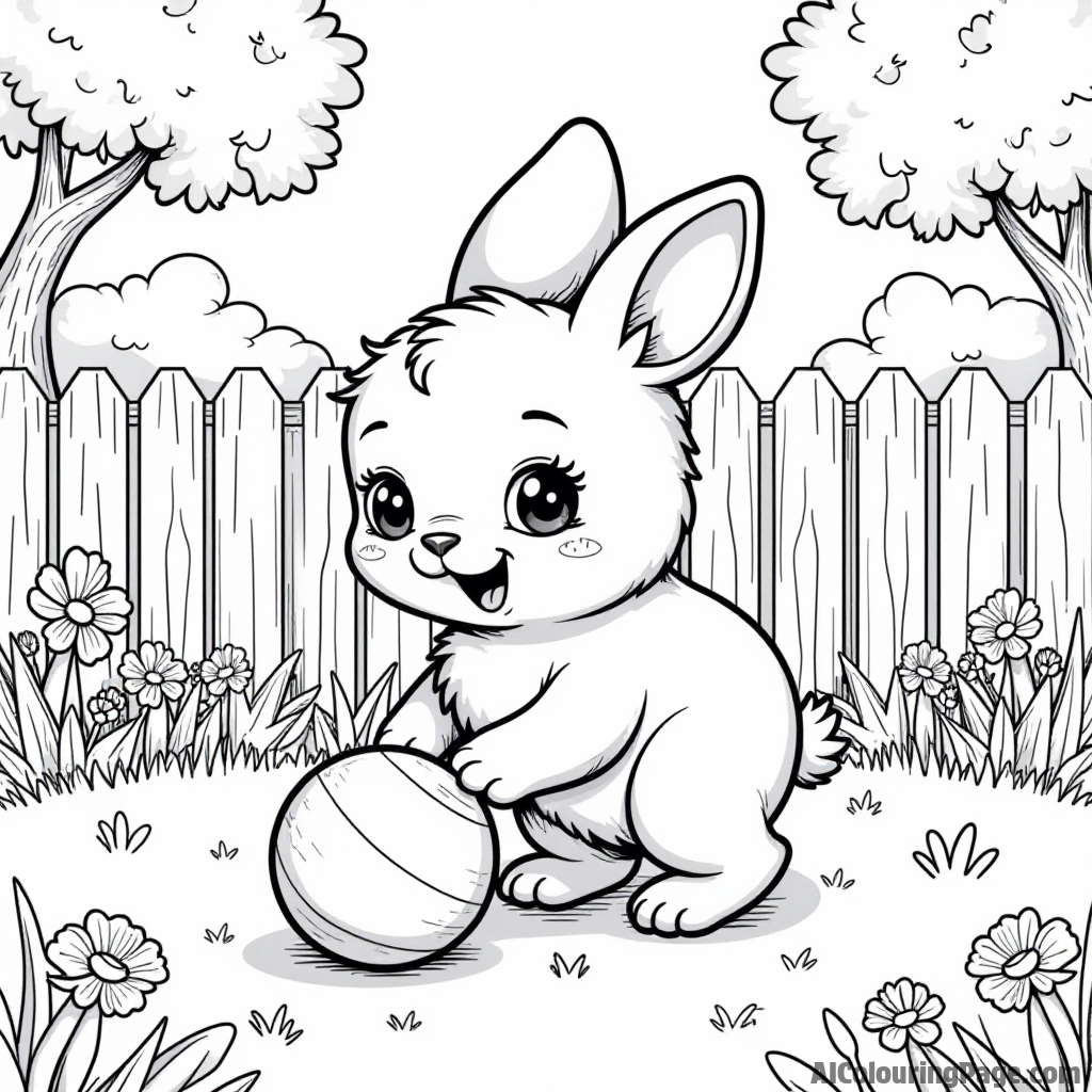 A cute carrot pet playing with a ball in a backyard filled with flowers, trees, and a wooden fence in the background.