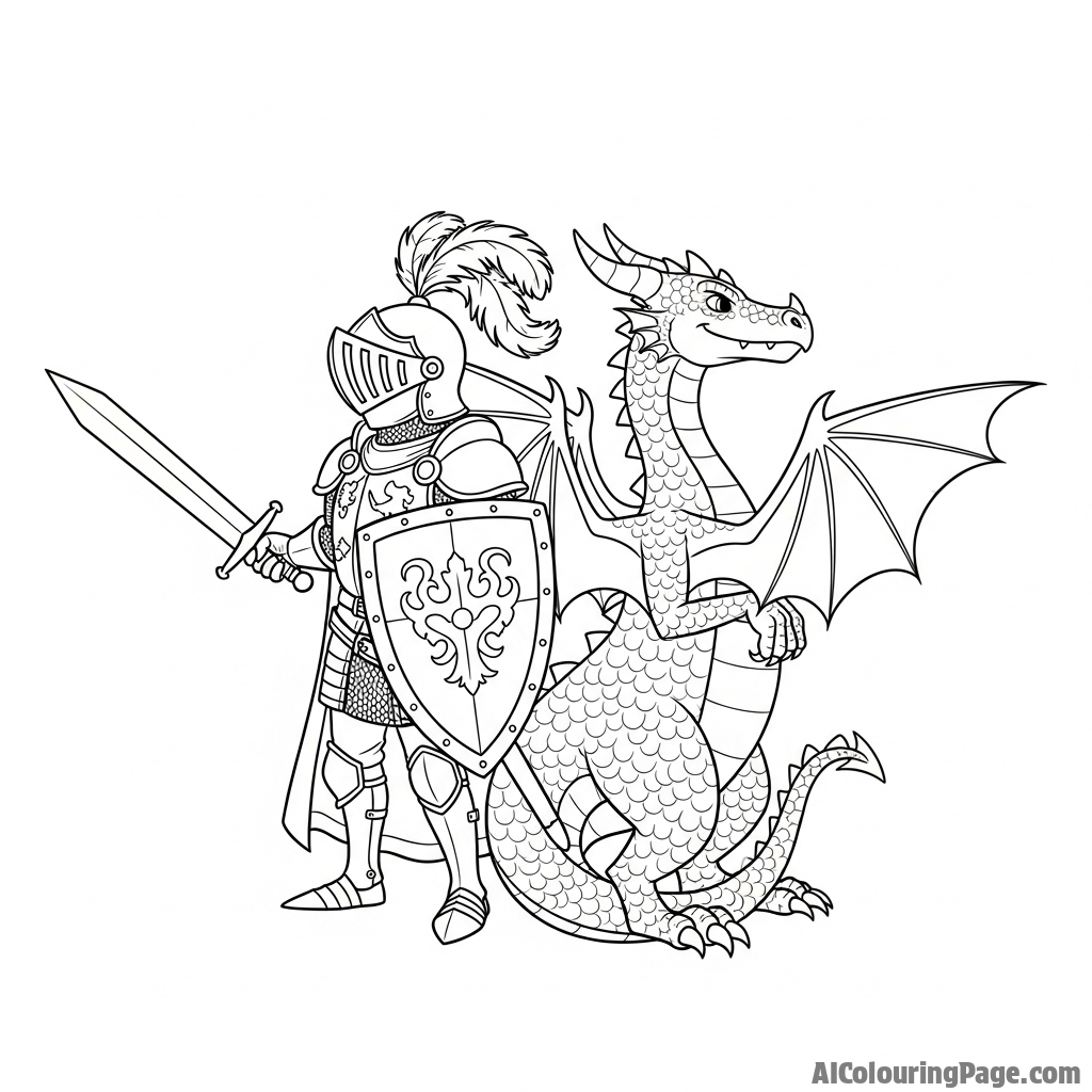 A knight and a dragon standing back-to-back, preparing to fight a common foe.