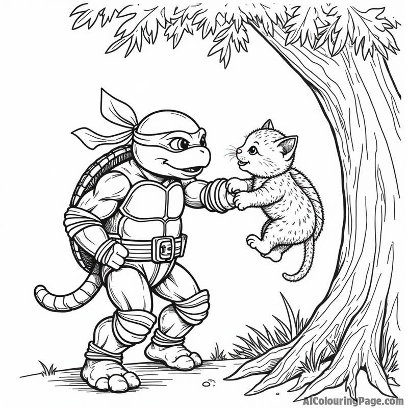 Ninja Turtle rescuing a kitten from a tree