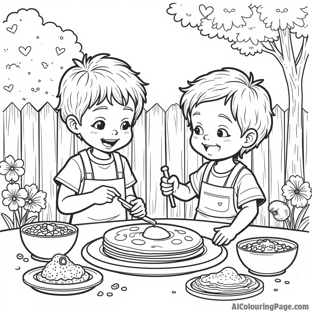 A playful scene of kids making pancake art in the backyard, surrounded by various toppings and colorful decorations