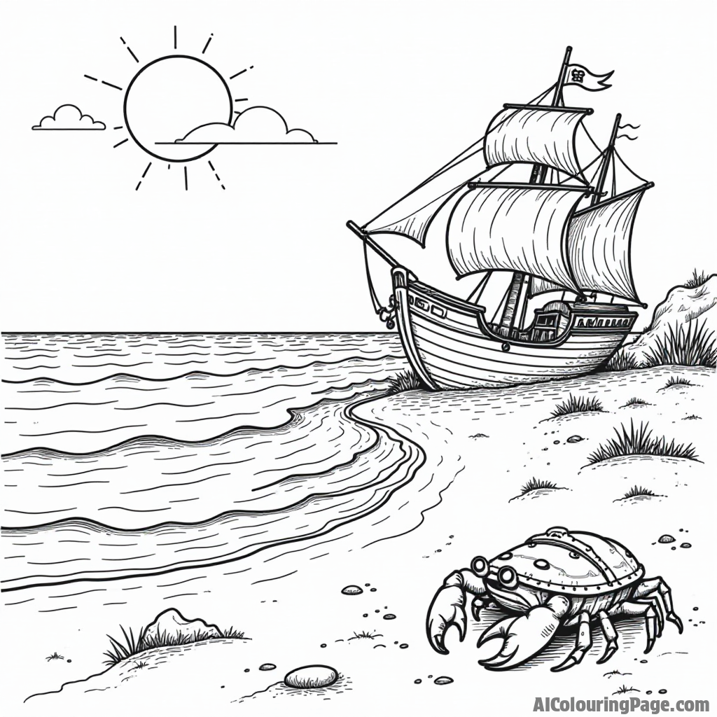 A serene beach scene with a sunken pirate ship, treasure chest, and a friendly crab scuttling along the sandy shore.