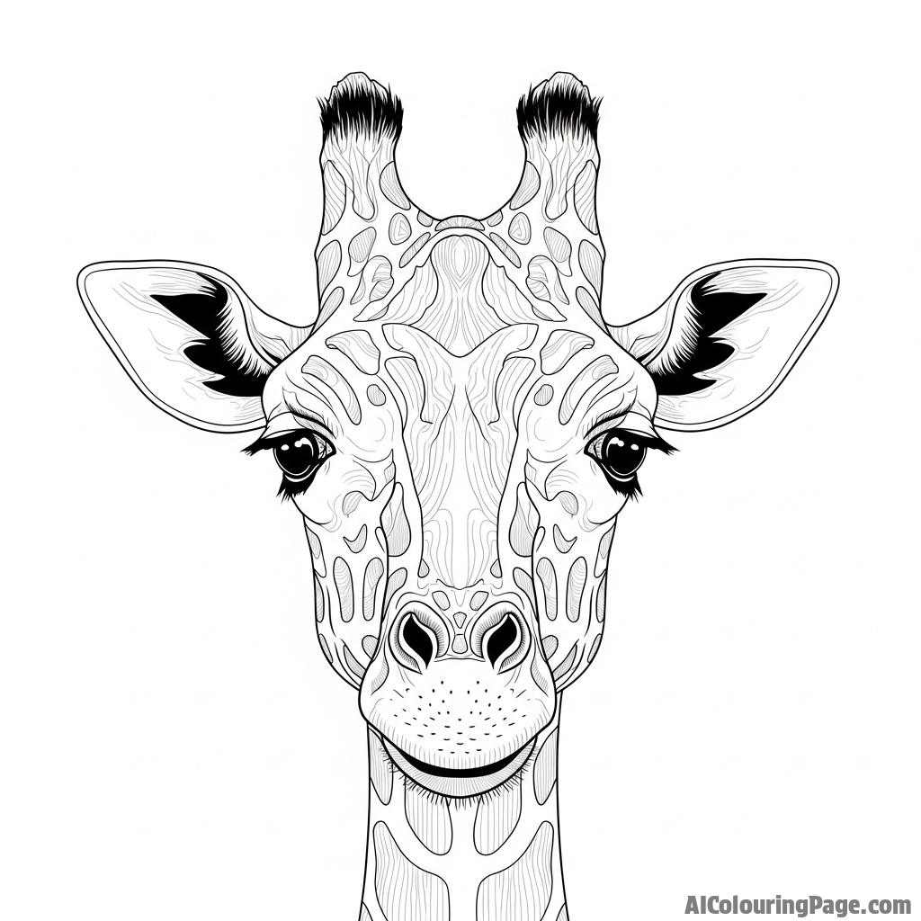An intricate ink sketch detailing a giraffe's unique facial features.
