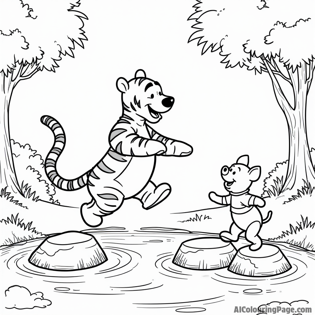 Tigger bouncing across stepping stones in a stream, with Pooh and Piglet laughing and trying to keep up.