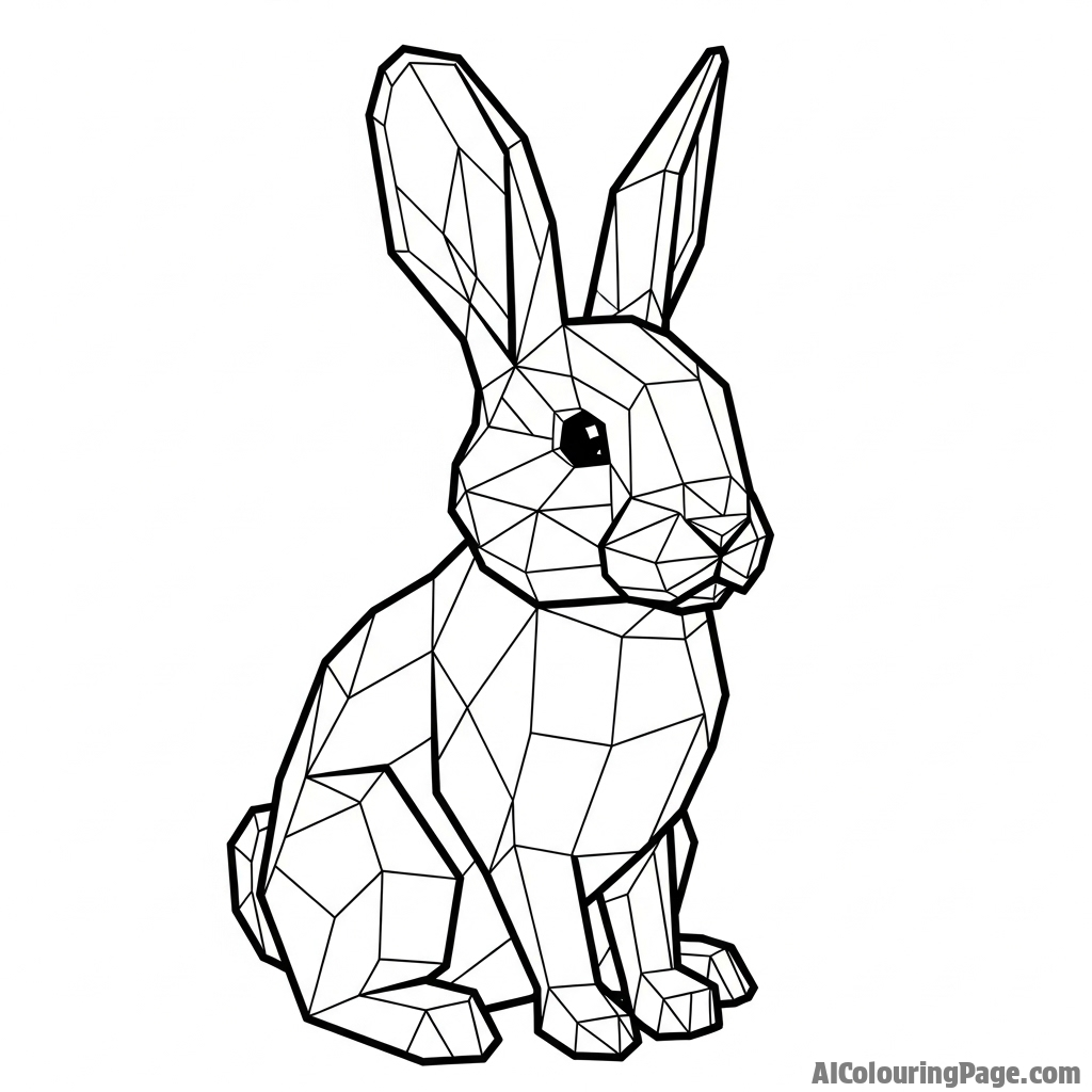 A low-poly, geometric rendering of a sitting rabbit.