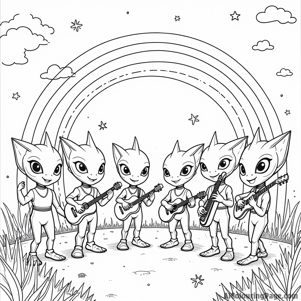 A group of aliens playing musical instruments under a rainbow in a peaceful alien village, encouraging creativity and imagination.