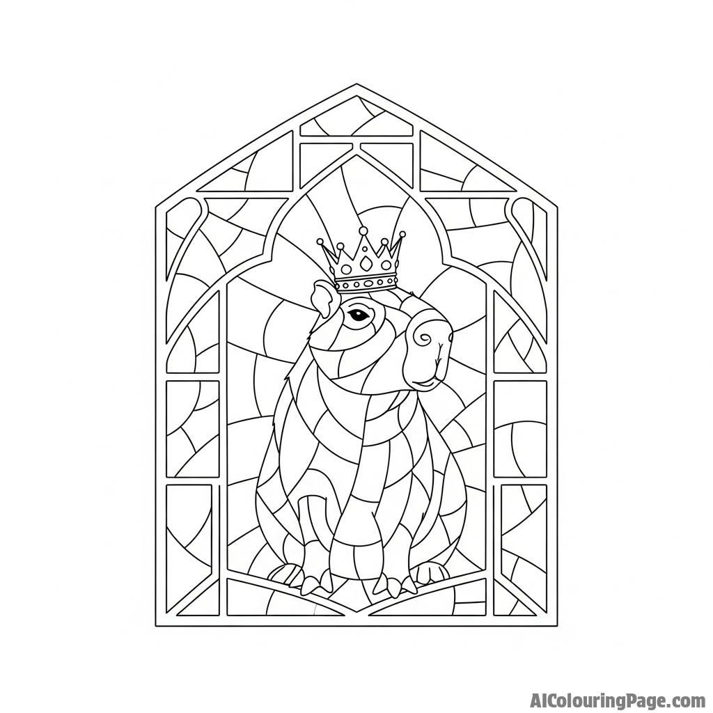 A stained-glass window design featuring a regal capybara.