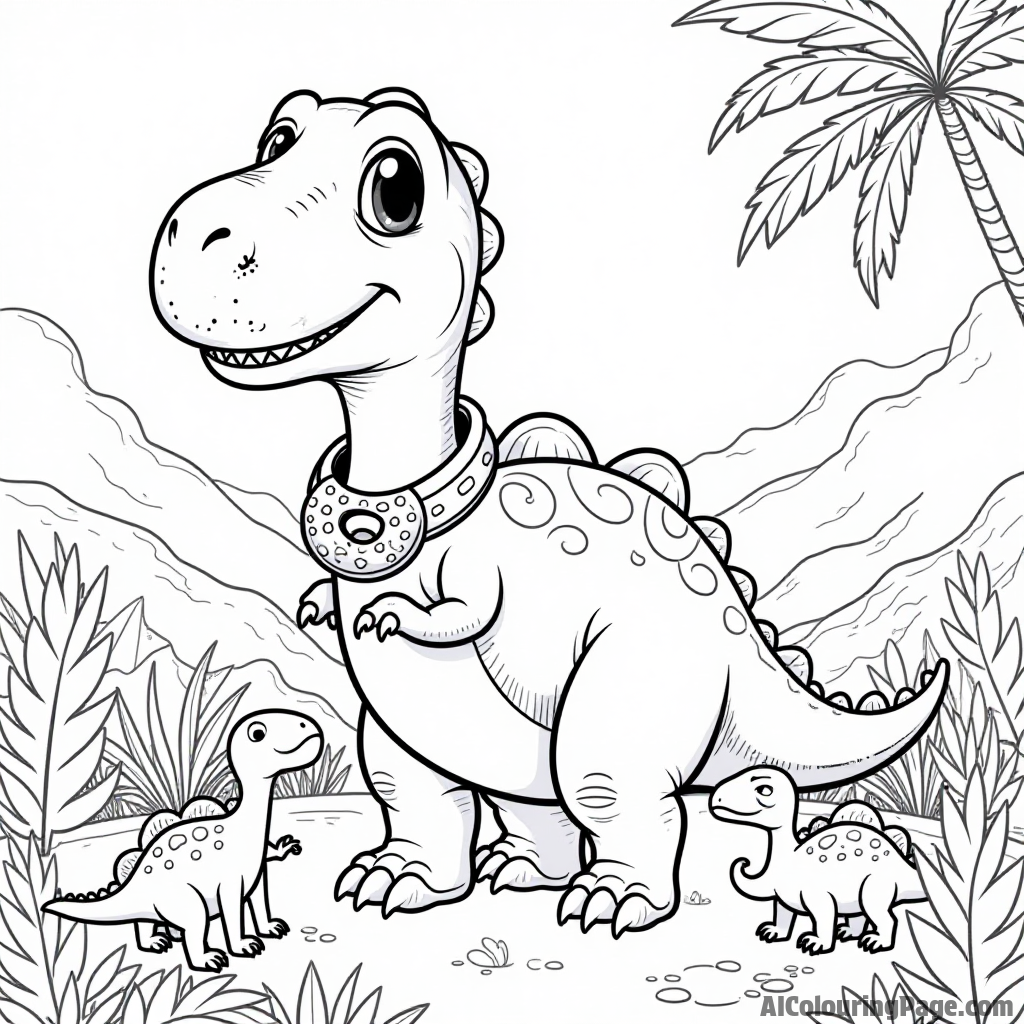 A friendly dinosaur wearing a donut-shaped collar, playing with smaller dinosaurs in a colorful prehistoric landscape.