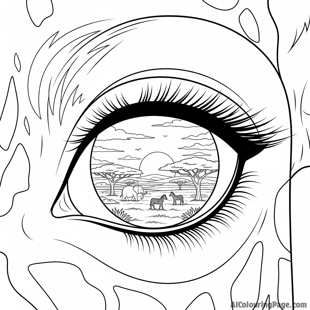 Photorealistic close-up of a giraffe's eye, reflecting the vast savanna.