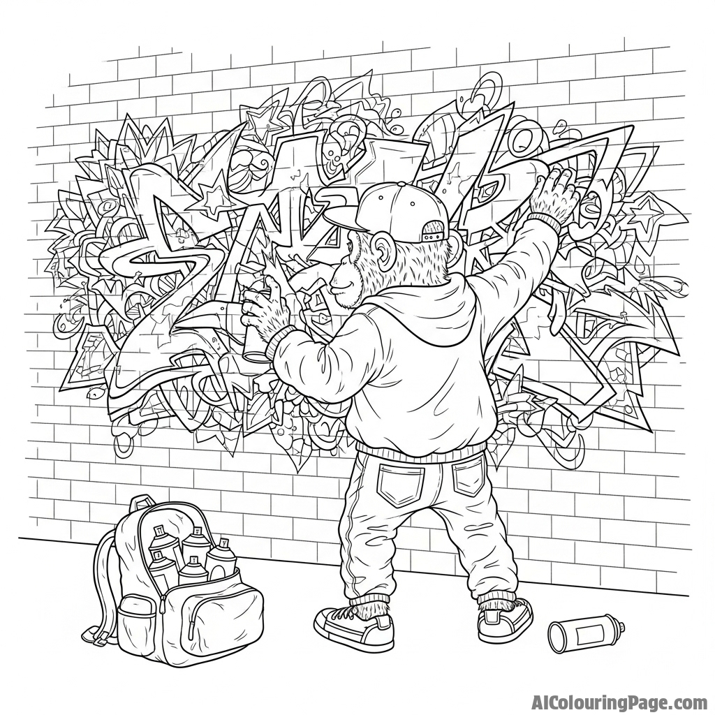 A monkey as a street artist, finishing a large graffiti mural on a brick wall.