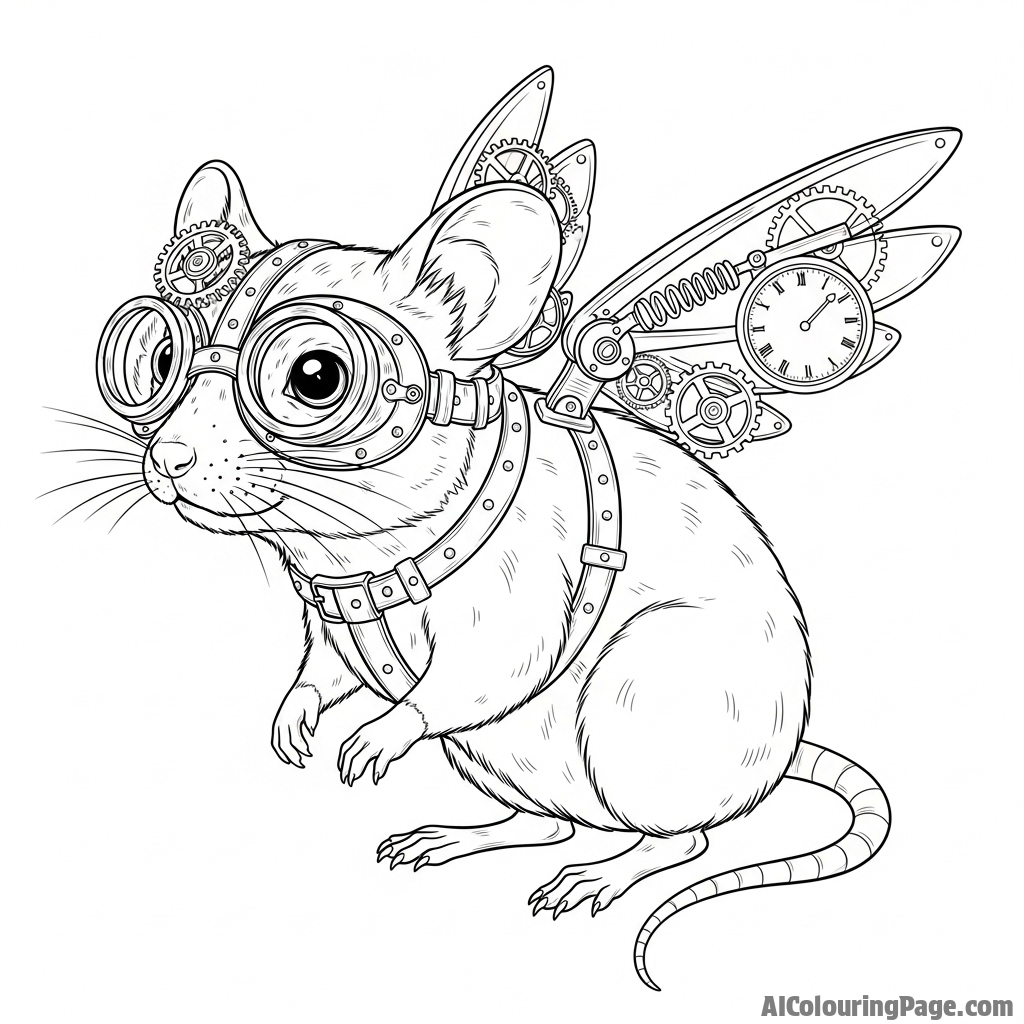 A steampunk mouse with intricate brass goggles and tiny clockwork wings.