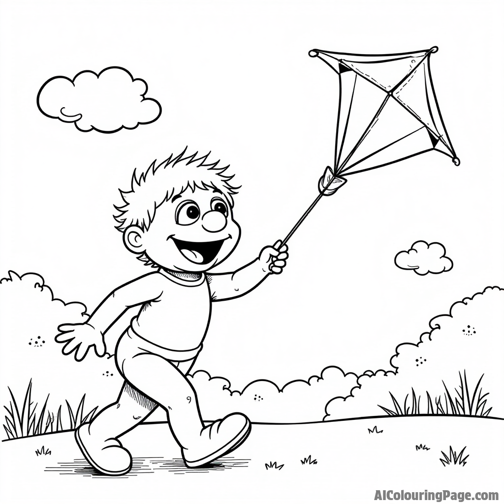 A Muppet baby flying a kite in a sunny park, with fluffy clouds and birds soaring in the clear blue sky.