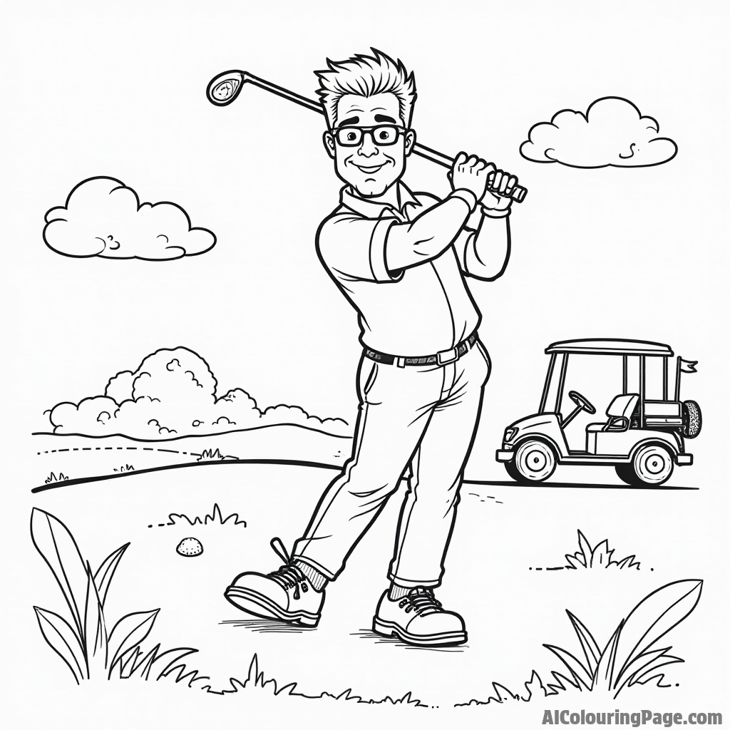 Johnny Bravo playing golf on a green with a golf cart and flag