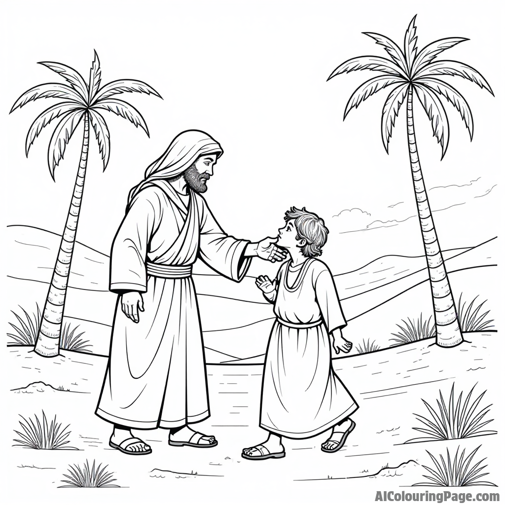 A beautiful depiction of the Good Samaritan helping a traveler, with a desert landscape and palm trees in the background.