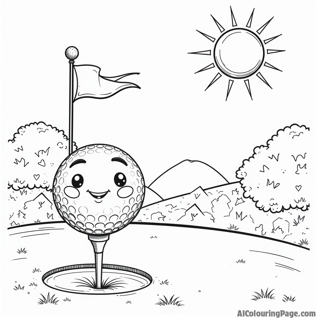 A whimsical golf scene featuring a golf ball with a happy face sitting on a tee, a colorful flag waving in the breeze, and a bright sun overhead.