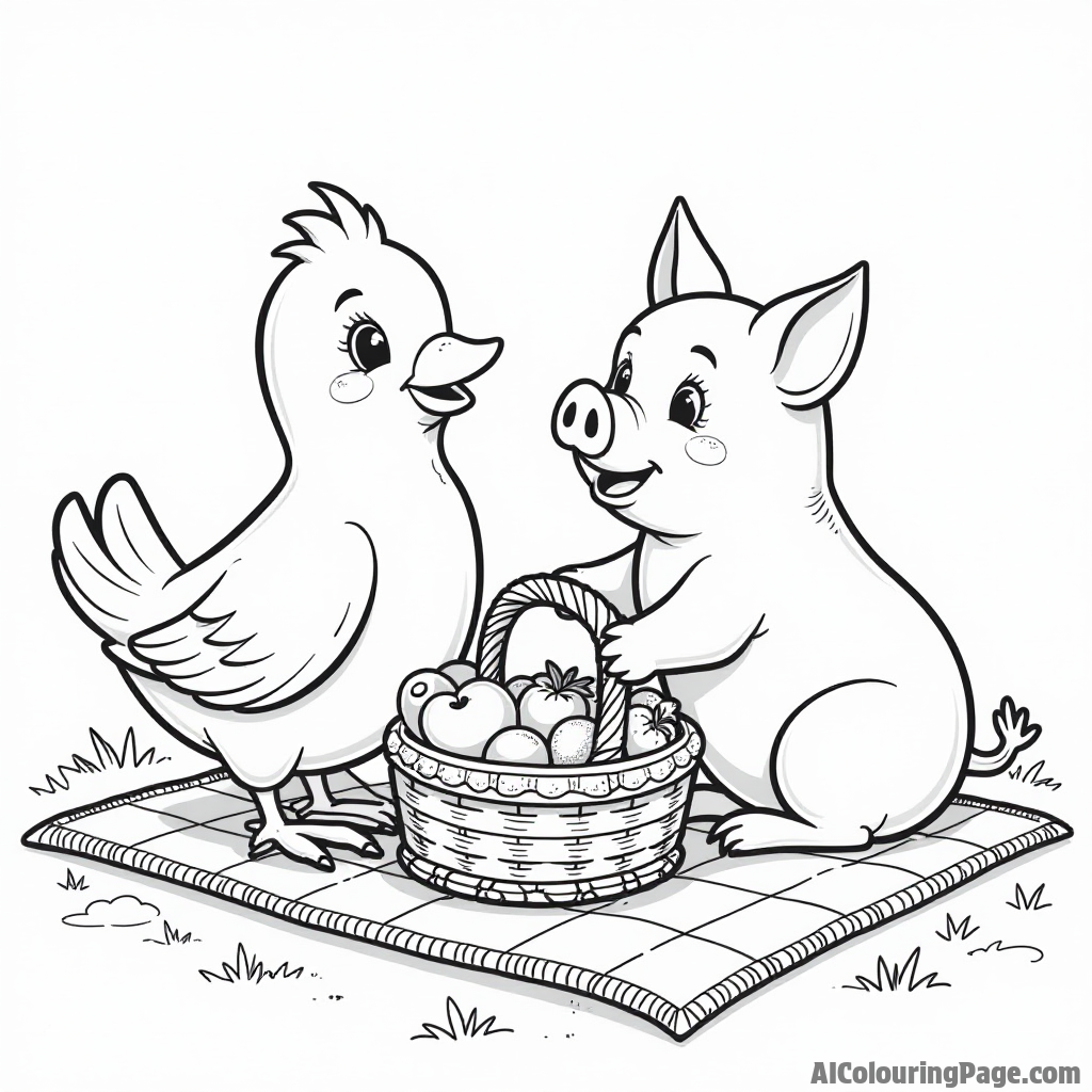 A bird and a pig sharing a picnic on a checkered blanket with a basket full of fruits and snacks