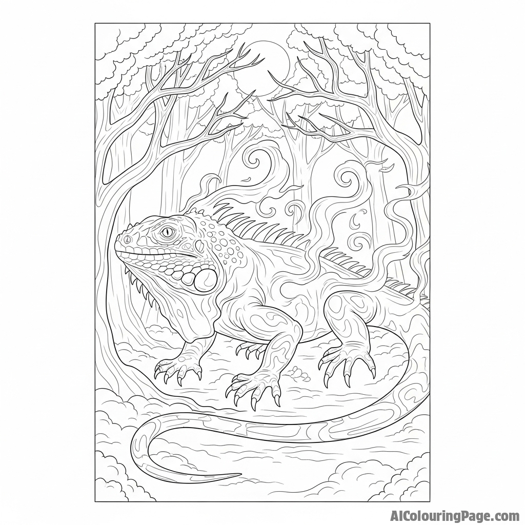 A ghost-like, ethereal iguana made of smoke and mist in a moonlit forest.