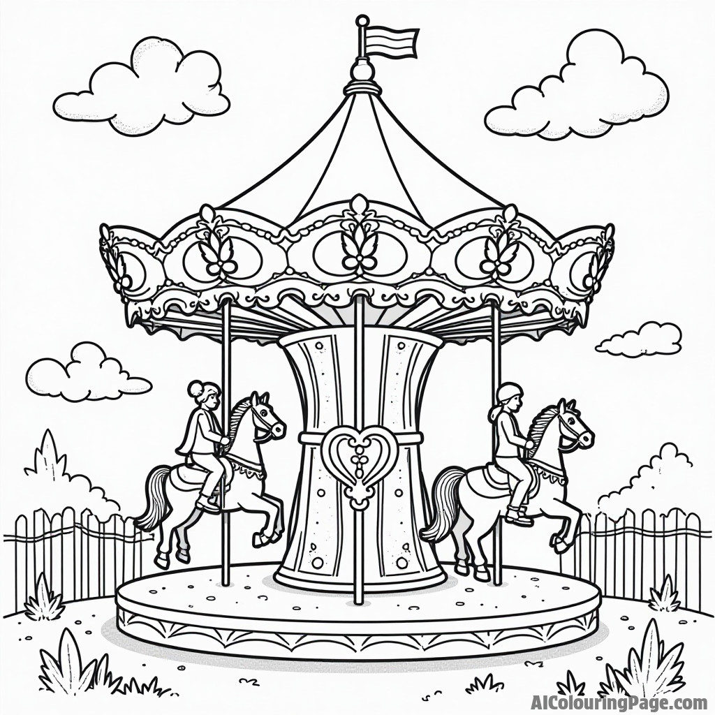 A whimsical pear carousel with animals and riders, set in a carnival scene, inviting children to bring it to life with colors.