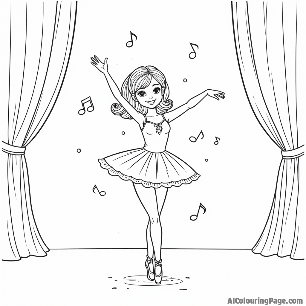 A ballerina doll performing on stage, with a spotlight shining down and musical notes floating around, creating a lively scene for children to color.