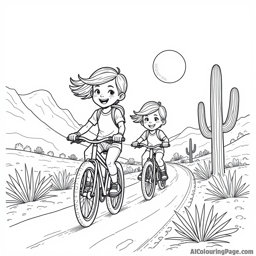 An adventurous pair of siblings riding bikes through the desert, flanked by tall cacti and a bright sun, capturing the excitement of outdoor exploration in a fun and dynamic scene.