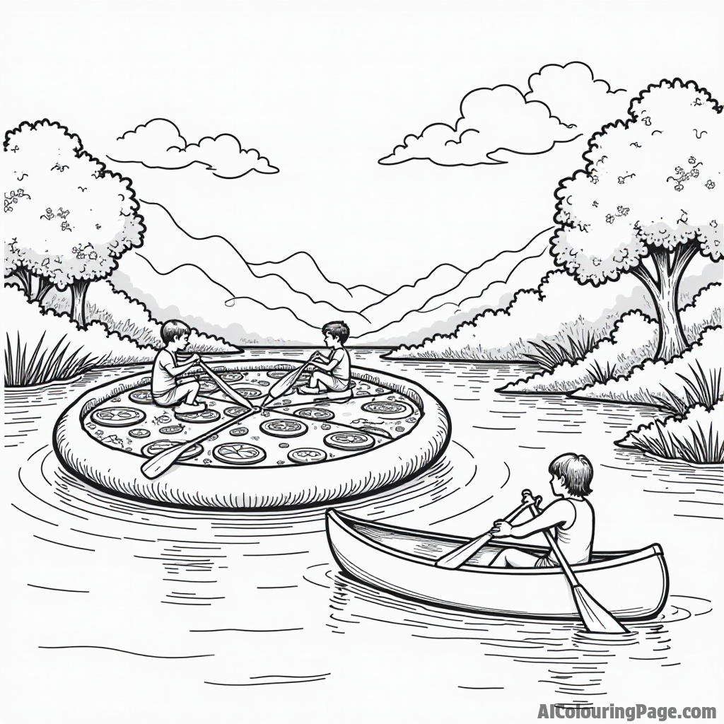 A giant pizza slice floating on a river, with children paddling in canoes, enjoying a sunny day out in nature.