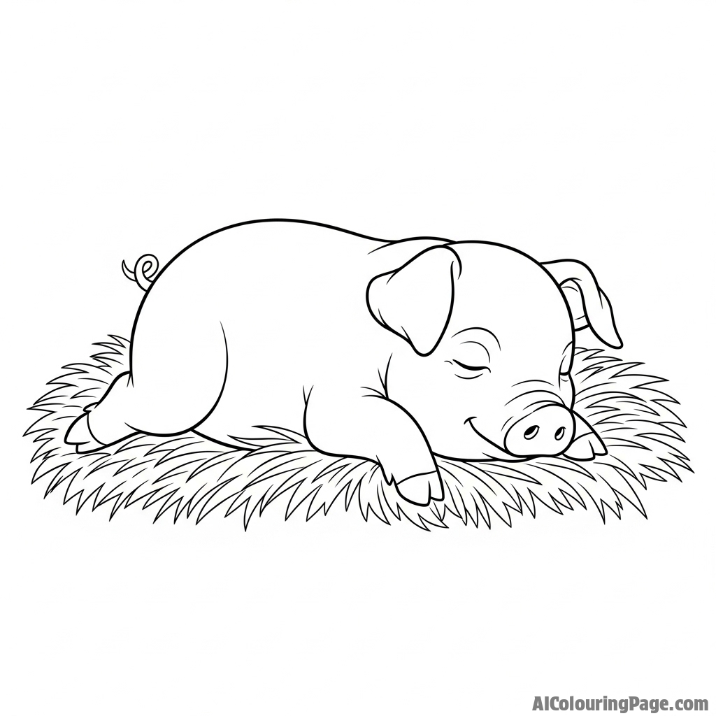 A piglet sleeping peacefully on a pile of straw, soft lighting.