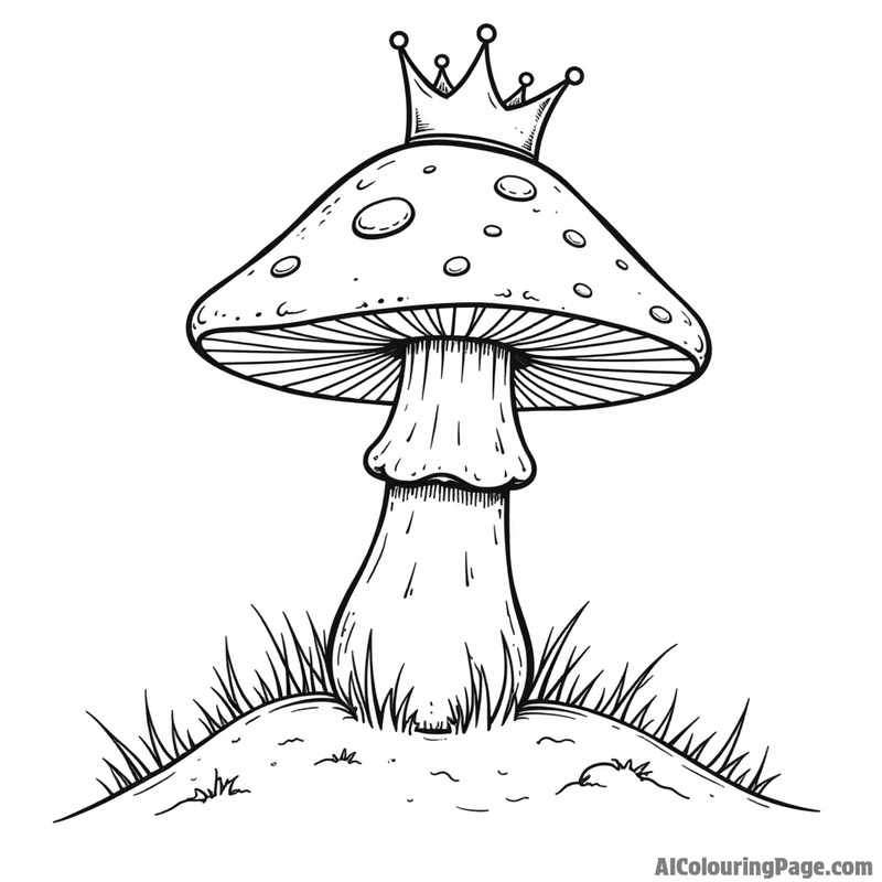 A mushroom wearing a crown on a hill