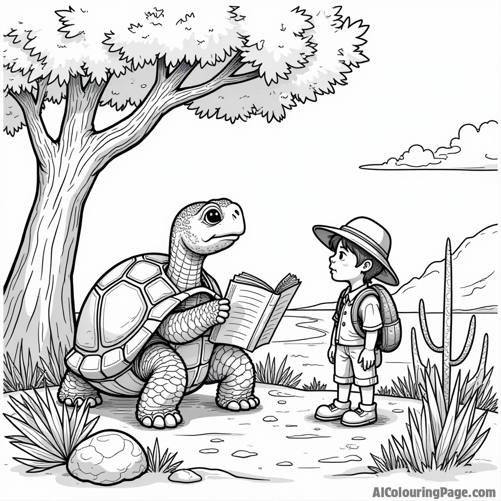 A wise old tortoise sharing stories with a young explorer under a shady tree, surrounded by desert plants and a gentle breeze, showcasing the beauty of knowledge and adventure in nature.