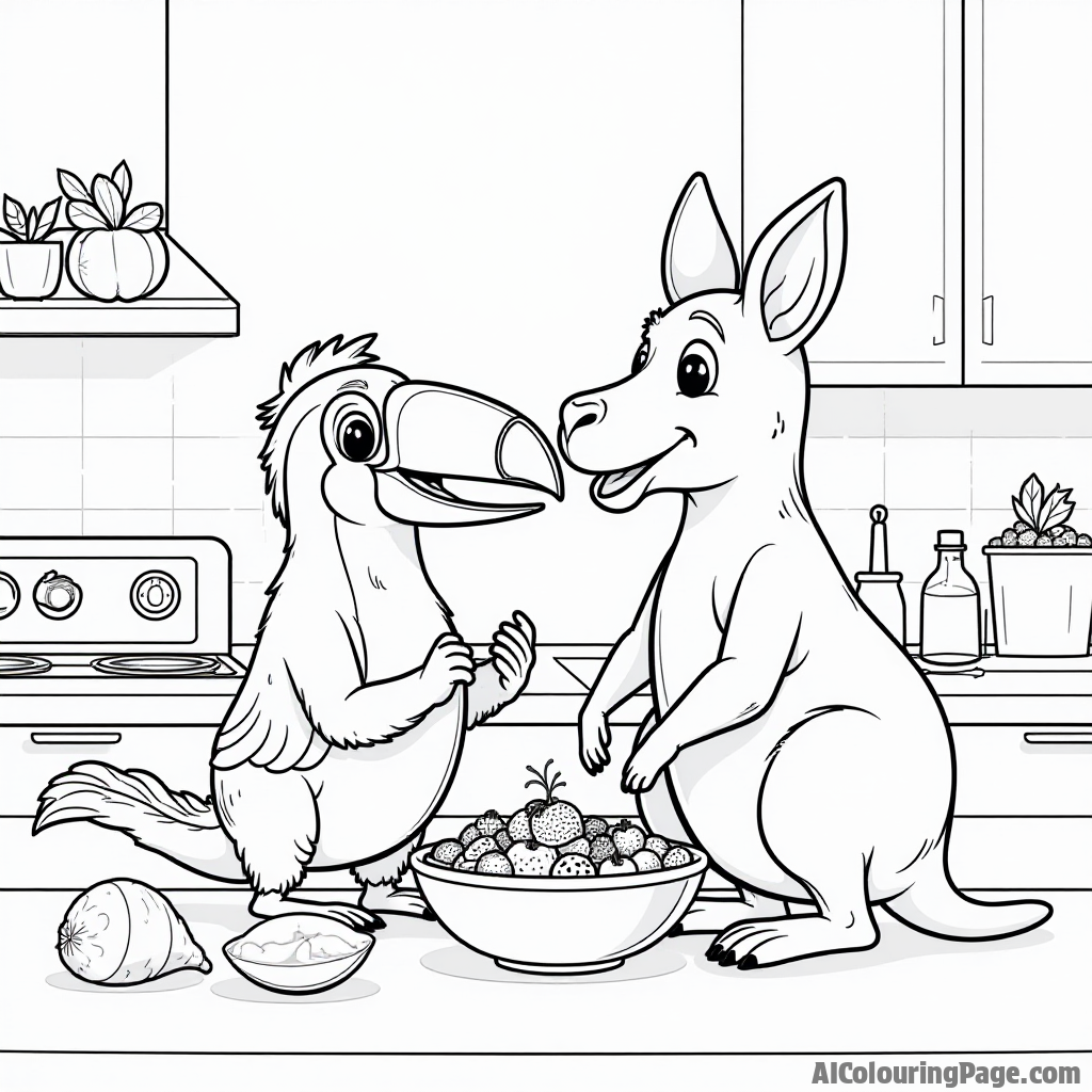 A toucan and a kangaroo making a fruit salad together in a sunny kitchen filled with colorful ingredients for kids.