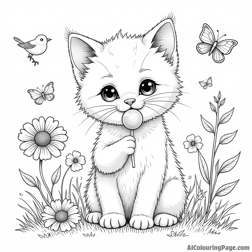 An adorable kitten playing with a lollipop in a garden, surrounded by flowers, butterflies, and a small bird watching