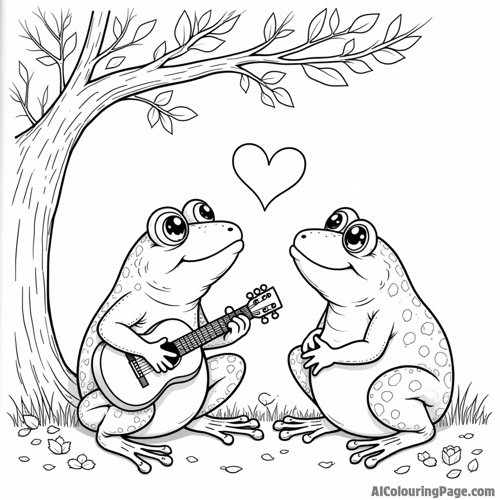 A cheerful frog playing a guitar under a heart-shaped tree serenading a lady frog for Valentine’s Day