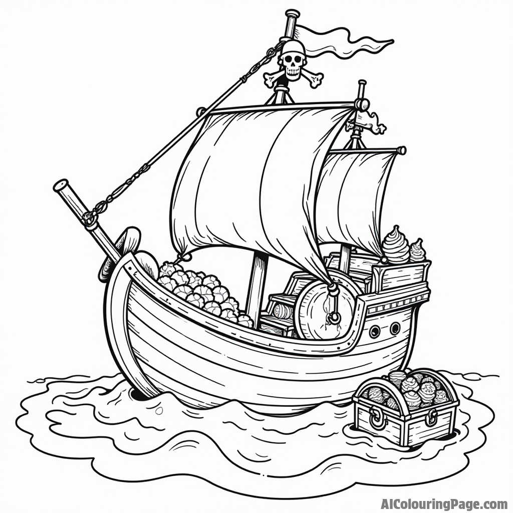 A cartoon pirate ship sailing on a sea of ice cream, with treasure chests filled with toppings