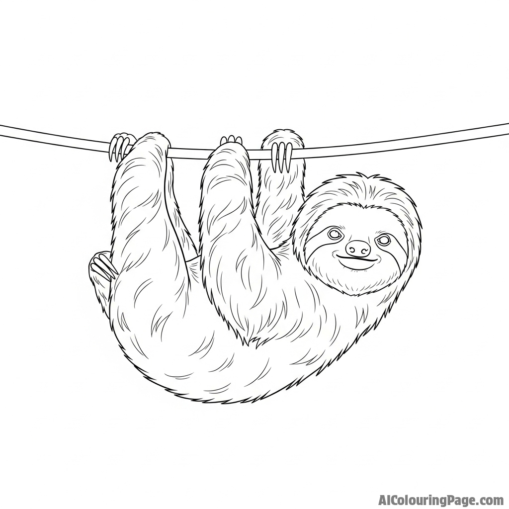 Minimalist line art of a sloth hanging from a single, continuous line.