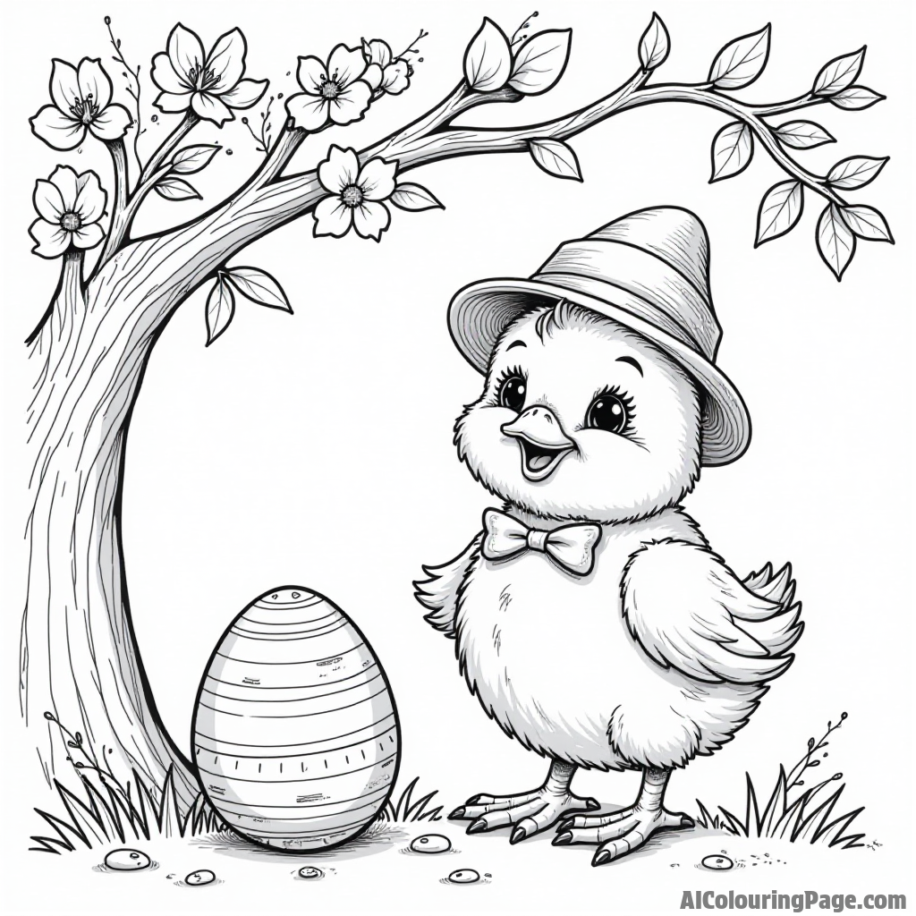 A whimsical chick wearing a tiny hat and bow tie, standing beside a decorated Easter egg under a blooming tree.