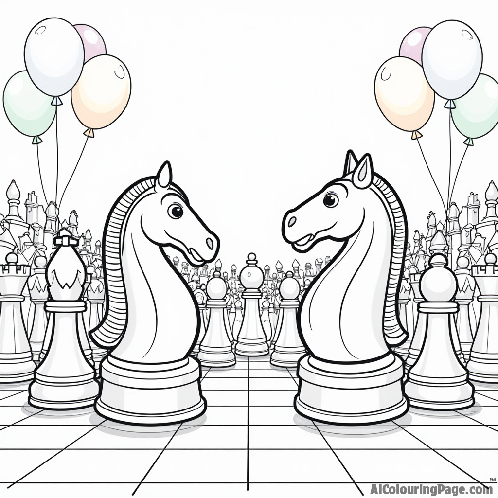 A chess tournament scene with animated chess pieces, where knights and rooks are joyfully competing, set against a backdrop of colorful balloons and a cheering crowd, perfect for coloring.