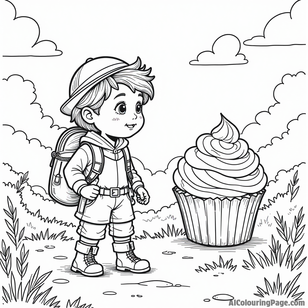 A cupcake explorer on a journey through a land of giant cupcakes, meeting friendly creatures and discovering new flavors.