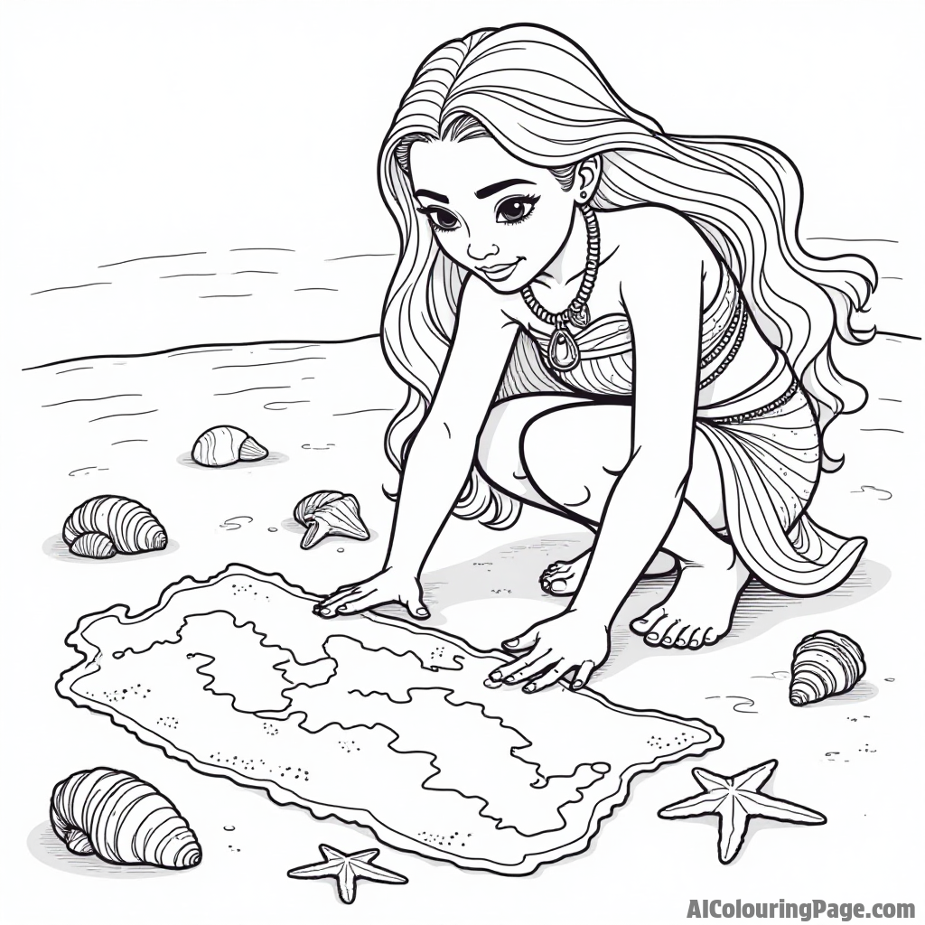 Moana drawing a map of her journey in the sand, with seashells and starfish surrounding her feet.