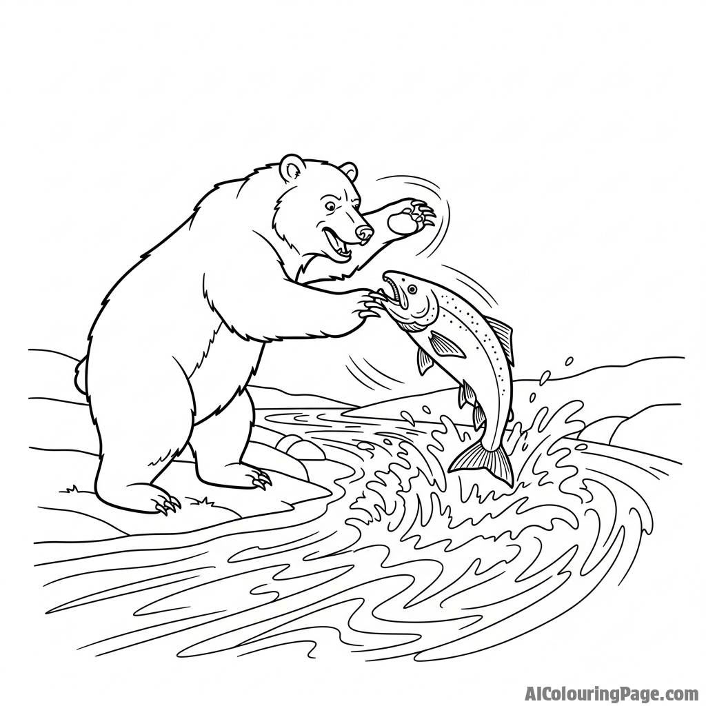 A grizzly bear swatting at a salmon in a rushing river