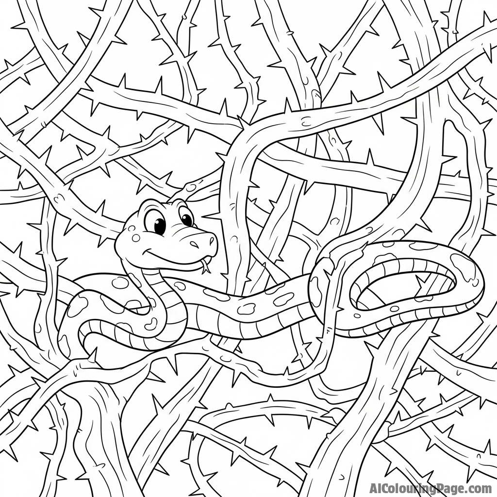A snake navigating a dense labyrinth of thorny branches.
