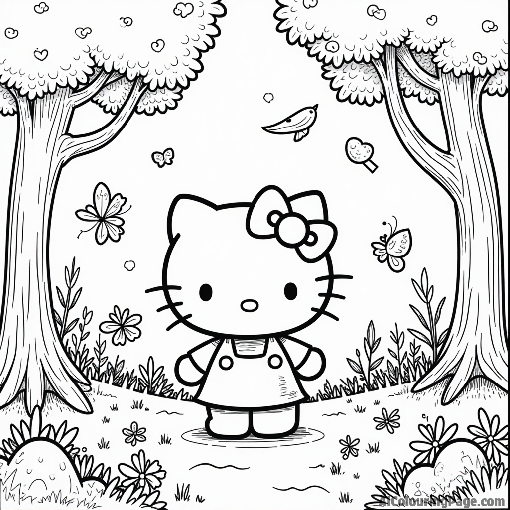 Hello Kitty exploring a magical forest with whimsical trees, fairies, and hidden treasures all around