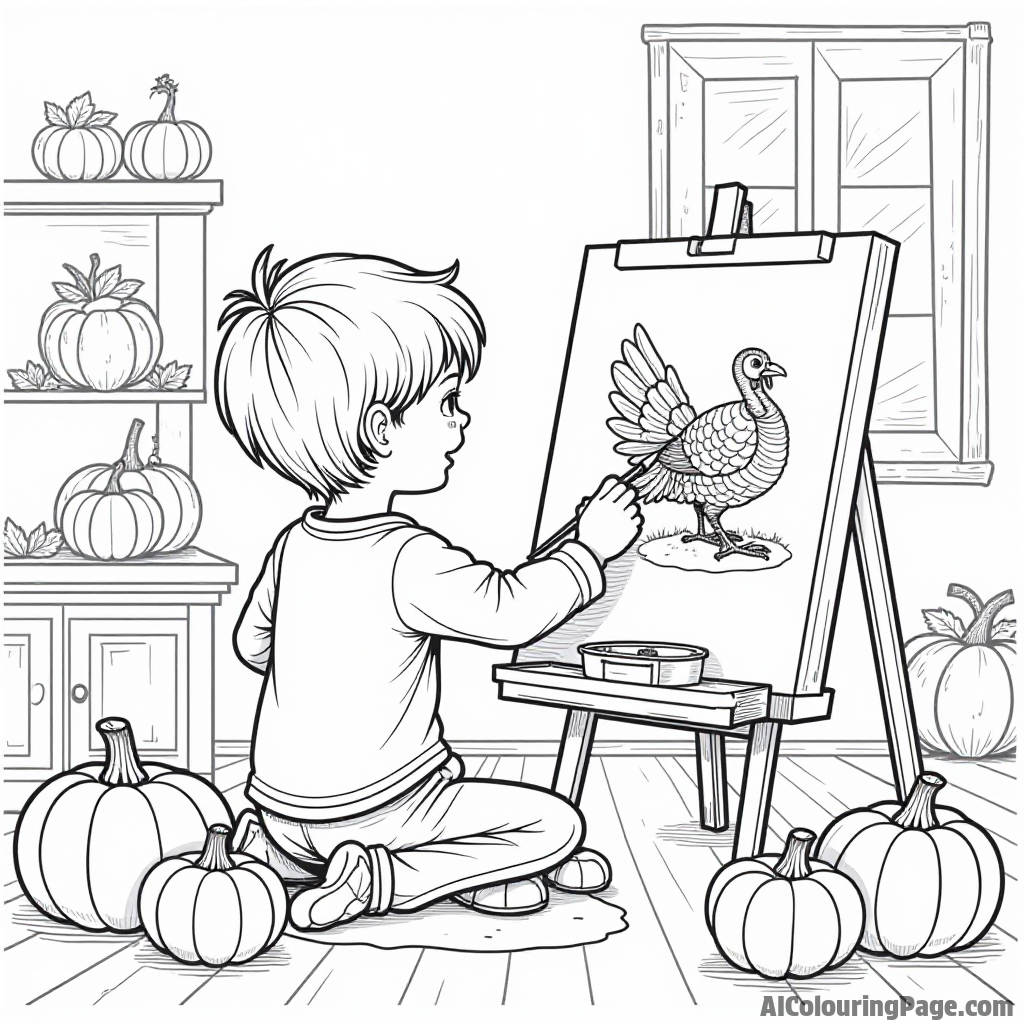 A child painting a Thanksgiving scene on a canvas, surrounded by pumpkins, turkeys, and autumn decorations in the room