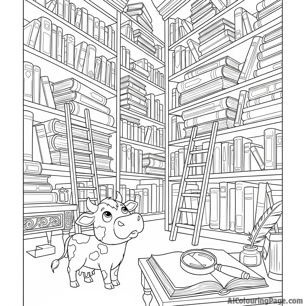 A tiny, miniature cow exploring a vast library of towering, ancient books.