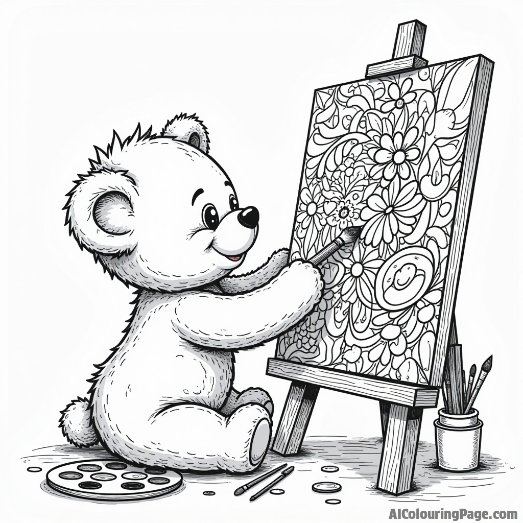 A teddy bear painting a colorful mural, with a palette and brushes nearby, inspiring creativity in children as they color this artistic moment.