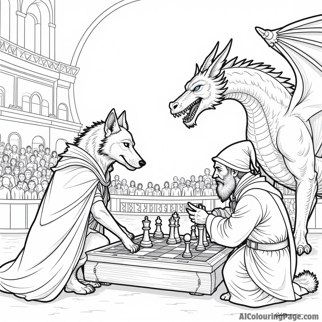 A werewolf playing chess with a wizard and a dragon in a magical arena filled with spectators.